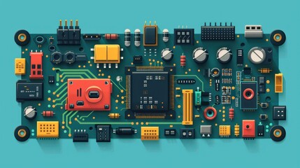 A circuit board with various electronic components, such as resistors, capacitors, transistors, and integrated circuits.