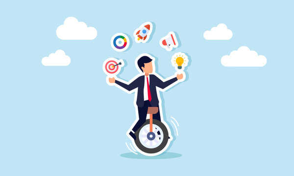 A businessman rides a unicycle while juggling items about marketing management, illustration of stability in applying effective and efficient marketing and promotion management