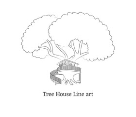 Single continuous line drawing of tree house. coloring book pages for kids and adults with vector illustration.