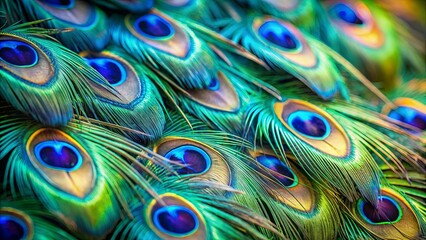 Obraz premium A tapestry of vibrant turquoise, emerald, and azure hues woven into a mesmerizing pattern of iridescent peacock feathers