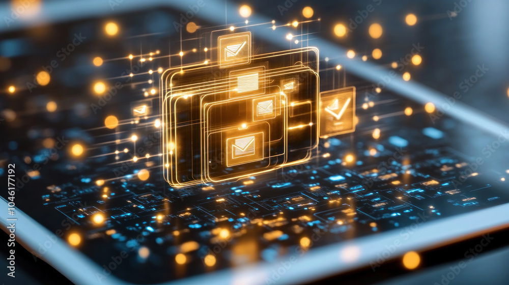 Poster a tablet screen with a glowing image of a computer chip. the image is made up of many small squares,
