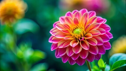 Fototapeta premium A vibrant pink and yellow flower with delicate petals stands out against a backdrop of lush green foliage.
