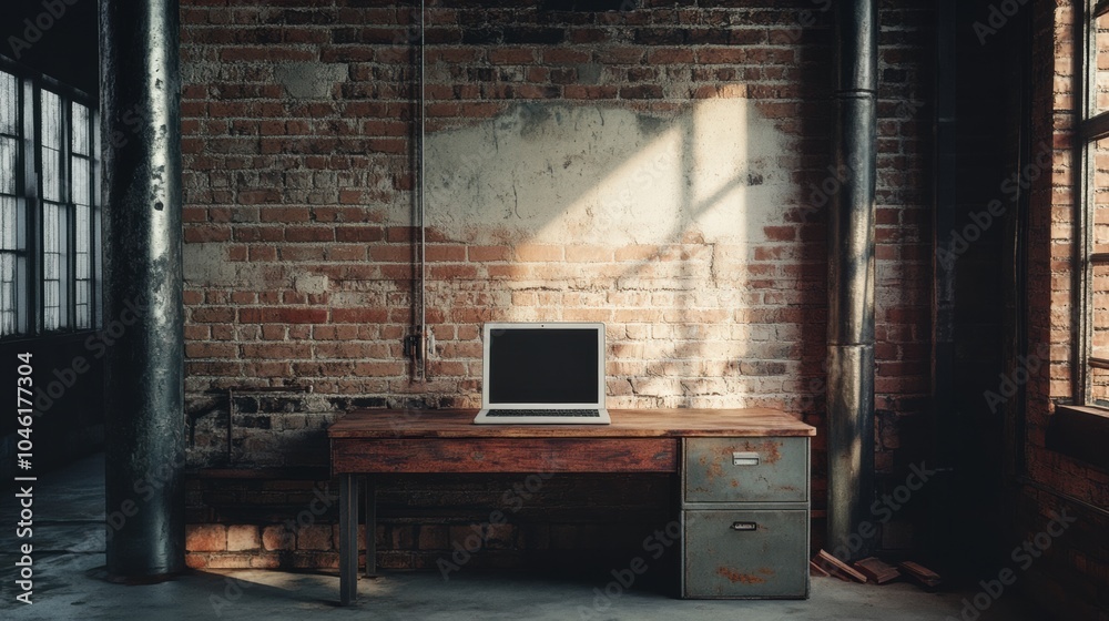 Aufkleber the scene showcases a laptop resting on a wooden desk in a stylish, rustic workspace with brick wall