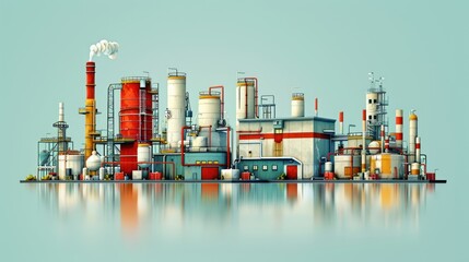 Obraz premium A 3D illustration of a factory complex with various buildings, pipes, and smokestacks.