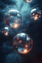 Naklejka premium A mesmerizing display of luminous bubbles floating in a dark, ethereal atmosphere, showcasing reflections of light and soft smoke trails for a dreamlike effect.