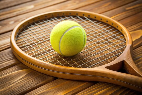 Stock photo of a yellow tennis ball on a tennis racket with a wooden handle