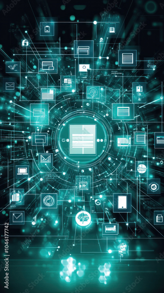Poster a computer screen with many icons and a large circle in the middle. the circle is labeled 