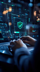 Fototapeta premium A person is typing on a laptop with a green check mark on the screen. Concept of security and trust, as the check mark is often associated with a safe or secure environment