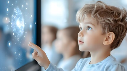 Children engaged in interactive learning about space through a holographic display in a modern well equipped science classroom surrounded by lab equipment and projectors