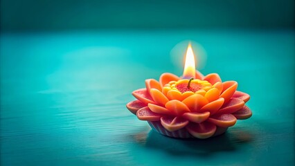 A single, delicately sculpted lotus candle, ablaze with warm light, rests upon a cool, teal surface, symbolizing a moment of tranquil reflection.
