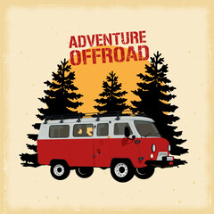 Adventure Off Road Extreme adventure offroad high detailed vector Tshirt print on isolated background. Logos, posters, stickers, and T-shirt. legendary car of the Soviet industry. uaz buhanka loaf © liza