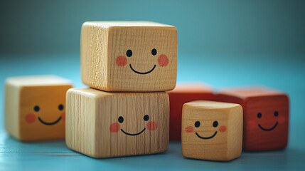 A vibrant arrangement of cheerful wooden blocks, perfect for promoting mental health awareness, childhood joy, and World Mental Health Day events. Ideal for uplifting messages.