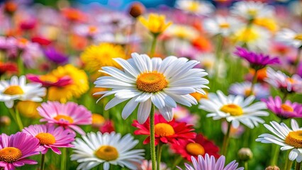 Obraz premium A vibrant field of blooming flowers, showcasing the beauty of nature's diverse palette, with a single white daisy standing tall in the center, capturing the essence of springtime's abundance.