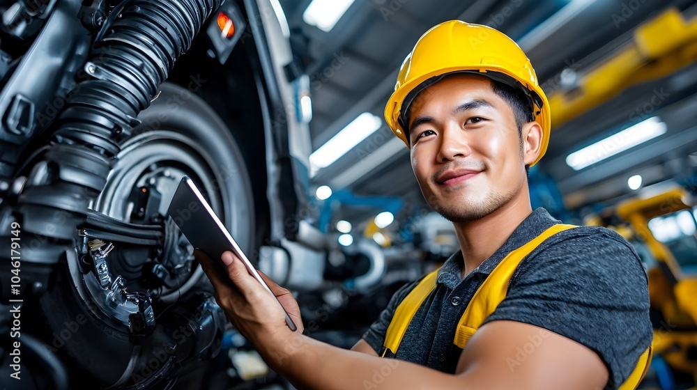 Wall mural portrait of an asian man working as an automotive engineer in a high tech car manufacturing plant we