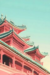 Obraz premium Colorful traditional architecture with ornate rooftops and vibrant pink hues against a clear blue sky, showcasing intricate details of cultural heritage.
