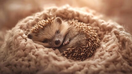 Obraz premium Tiny Hedgehog - Hedgehog curled up in a ball on a soft blanket