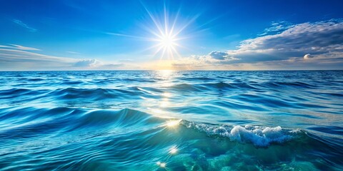 Obraz premium The Tranquil Beauty of a Sparkling Sea with a Bright Sun and a Few Clouds in the Sky
