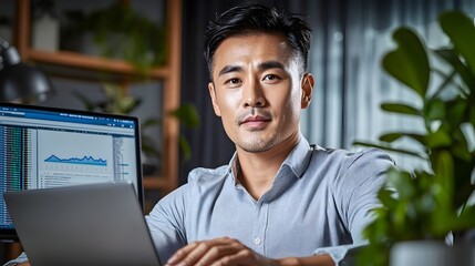 Asian male software engineer working at laptop in a modern office environment surrounded by multiple coding screens and technical diagrams