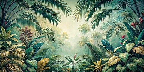 A Verdant Canopy of Tropical Foliage, Enveloped in a Mystical Haze, Reveals a Tranquil, Untouched Landscape