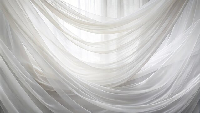 White curtains blowing on breeze, sheer fabric texture background