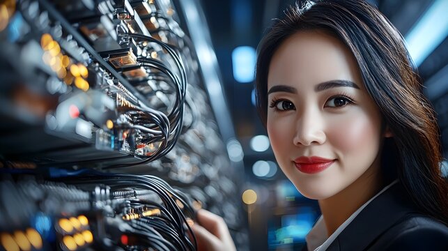 Skilled Asian Woman Working as Telecommunications Engineer Inspecting and Monitoring Cables Network Equipment and Computer Hardware in a Data Center Facility