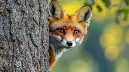 Fototapeta premium Curious Fox - Red fox peeking out from behind a tree