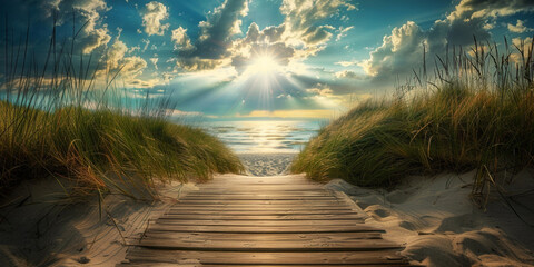 a wooden walkway leading to a beach, Rustic Walkway Guiding You to a Pristine Beach, 