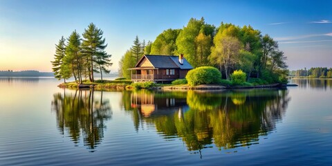 Obraz premium A serene lakeside cabin nestled amongst lush greenery with a breathtaking reflection on the tranquil water