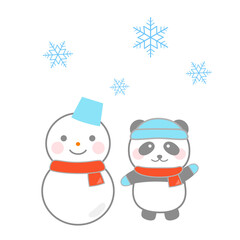 雪だるまとパンダの冬のイラスト