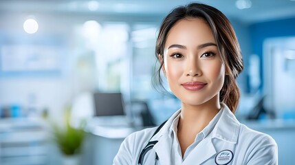 Fototapeta premium Friendly Asian Woman Receptionist Wearing Professional Uniform Smiling and Providing Assistance at Hospital Reception Desk with Blank Copy Space for Text