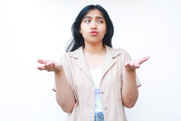 confused asian woman wear casual clothes with raised palms questioning gesture isolated on white background