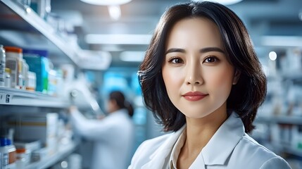 Naklejka premium Portrait of an Asian woman working as a pharmacist in a clean and organized hospital pharmacy standing near shelves filled with various medicines and pharmaceutical products