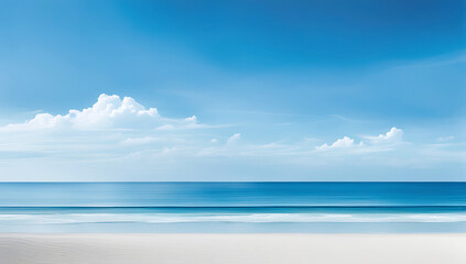 Obraz premium Watercolor painting depicting a serene beach scene. The layout is horizontal, with a clear division between the sky, sea, and sand. 