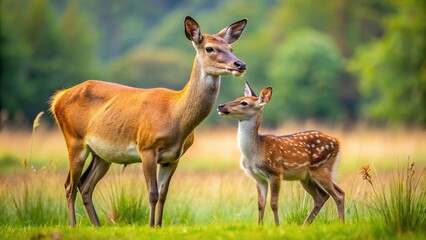 Fototapeta premium Stock photo of Red Deer calf suckling from mother with Forced Perspective