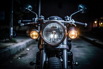 front view of a motorcycle on the street at night