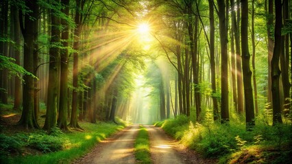 Obraz premium A Path of Sunlight through a Verdant Forest Canopy, Casting Beams of Golden Light on the Dusty Road