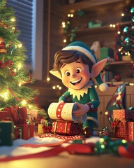 A 3D animated character dressed as an elf joyfully wrapping Christmas gifts in a cozy room