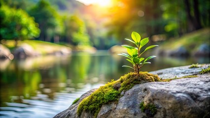 Fototapeta premium A Single Sprout Growing On A Mossy Rock Beside A Calm Stream In A Sunlit Forest