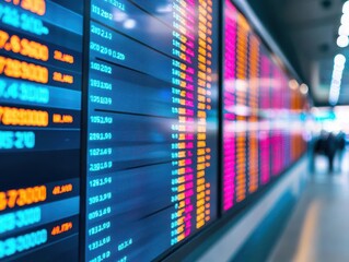 Naklejka premium A realtime currency rate dashboard in an airport, offering exchange and international transfer services onsite