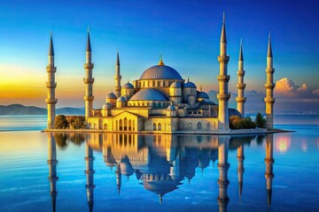 Fototapeta premium Stock photo of symmetrical blue mosques next to water in blue and yellow colors