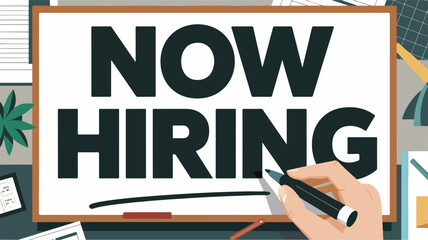 Now Hiring Signboard With Hand Drawing Vector Illustration. Ideal for job recruitment campaigns, employment ads, and business hiring announcements.