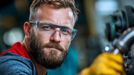 Fototapeta premium Factory Engineer Carefully Adjusting Hydraulic Tube Bender Machine to Prepare for a Series of Precise Bends and Metalwork Fabrication in an Industrial Manufacturing Facility