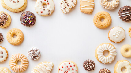 Fototapeta premium Assorted festive cookies arranged on white tablecloth create delightful and inviting atmosphere, perfect for celebrations and gatherings