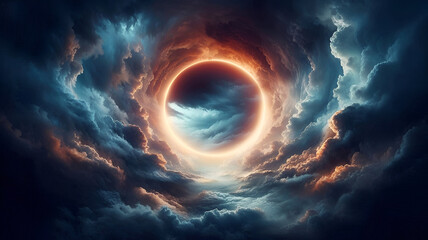  A colossal, incandescent ring of plasma, pulsating with energy, hovers amidst a tempestuous sky.