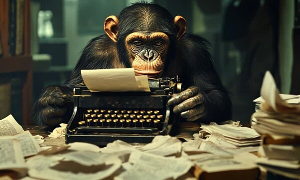 A chimpanzee types on a vintage typewriter surrounded by scattered books and papers.