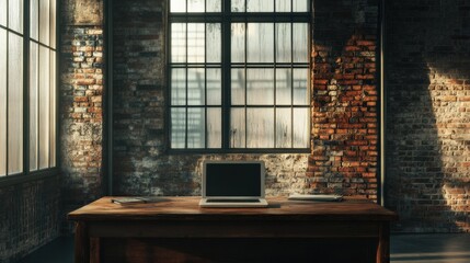 A wooden desk holds a laptop in an industrial workspace filled with natural light, showcasing exposed brick and large windows. Generative AI