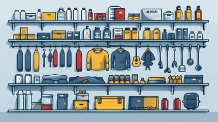 A cartoon illustration of a store shelf with various goods, including clothing, tools, and packaged goods.