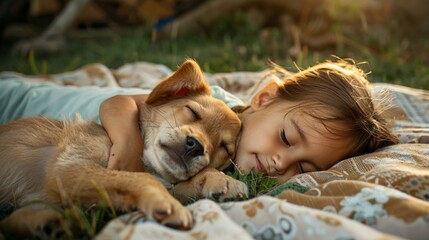 Puppy sleeping with a child on a blanket in the backyard, capturing innocence and friendship
