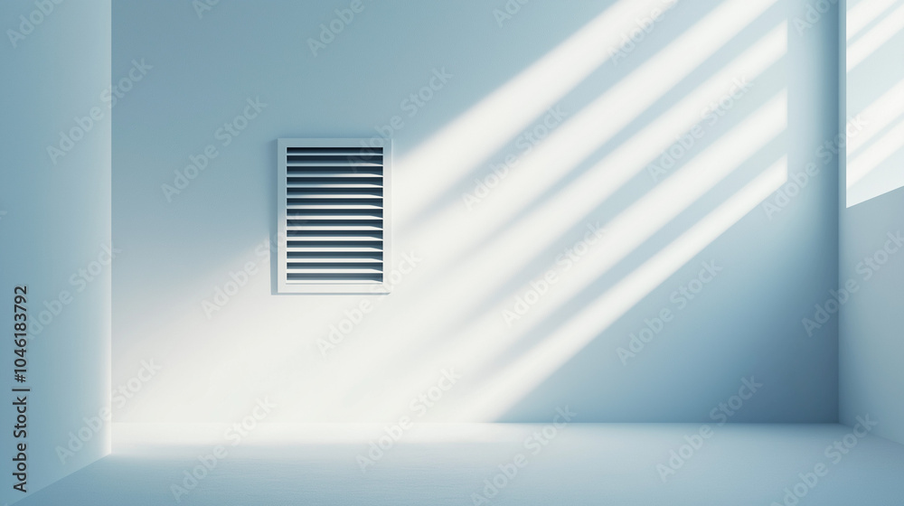 Wall mural HVAC system concept,Sunlight filters through a vent located in a minimalistic white room,casting soft shadows and creating a serene atmosphere of openness and tranquility,copy space