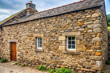 Obraz premium Stone and mortar wall of a house in England with rough texture, captured in a medium shot
